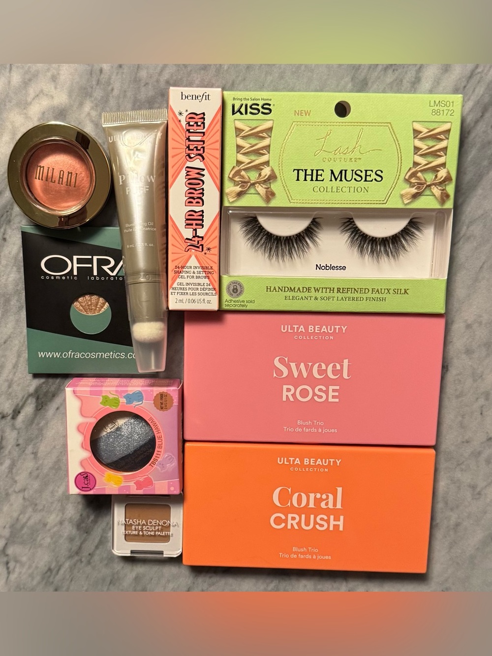 Benefit Brow Gel, Kiss Lashes, Natasha Denona Shadow, Ulta & Milani Blush Bundle